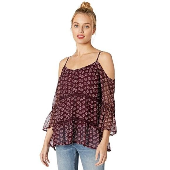 Lucky Brand Blouse XS NWT Printed Cold Shoulder Bohemian Peasant Summer Crochet - Picture 1 of 11